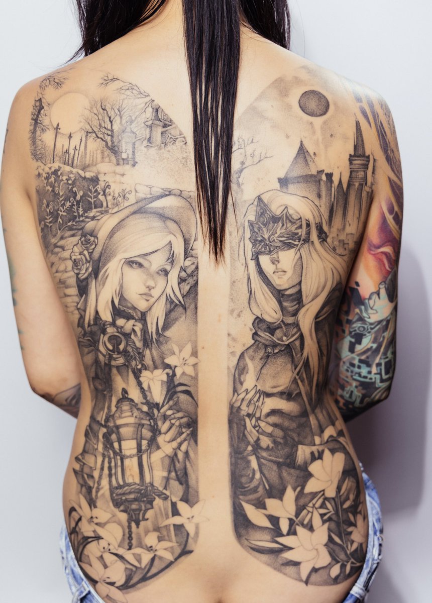 wisalallen's tweet photo. here it is 🥲 my complete Bloodborne/Dark Souls 3 back piece by the incredible @themildginger. absolutely speechless by her design, linework, placement, etc. I have a lot of great tattoos but this is just 🤌🏽

8 brutal sessions, but not as brutal as that sister friede fight 😂 https://t.co/XSZkmOBUfj