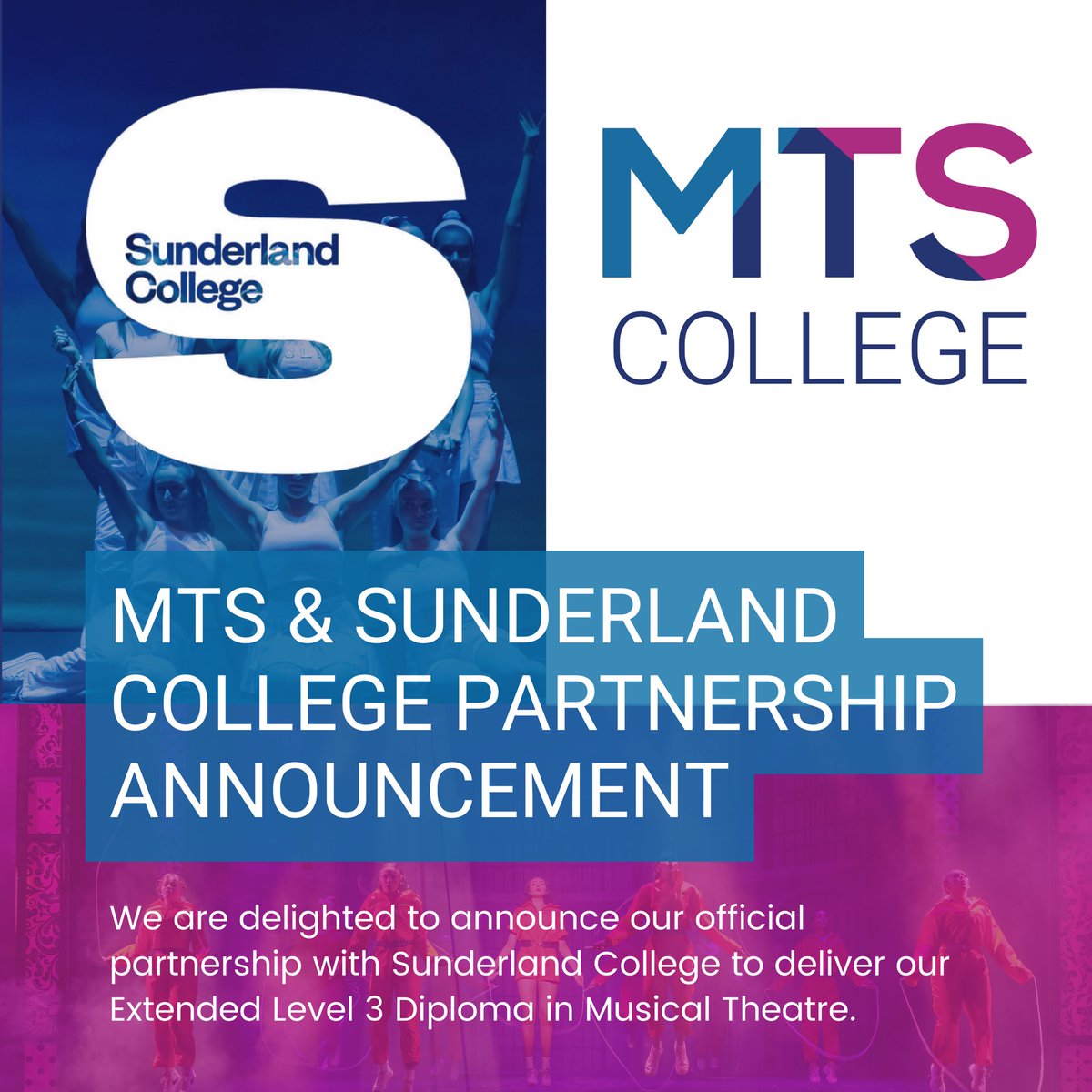 AnnieGuy13's tweet photo. 💙 So thrilled that we have officially partnered with @sunderlandcol to deliver our BTEC National Extended L3 Diploma in Musical Theatre! Changing how creative education is taught, one step at a time! Let’s go! #TeamMTS #MTSTrained https://t.co/UnB5kHsJIu