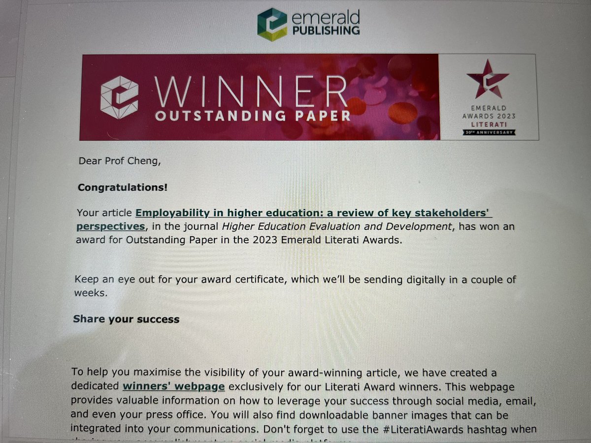 My coauthored article Employability in higher education: A review of key stakeholders’ perspectives, has won an award for Outstanding Paper in the 2023 Emerald Literati Awards! emerald.com/insight/conten… <a href="/drlekad/">Olalekan Adekola</a> @SHU_SIoE <a href="/SHUCDARE/">SIRKE</a>