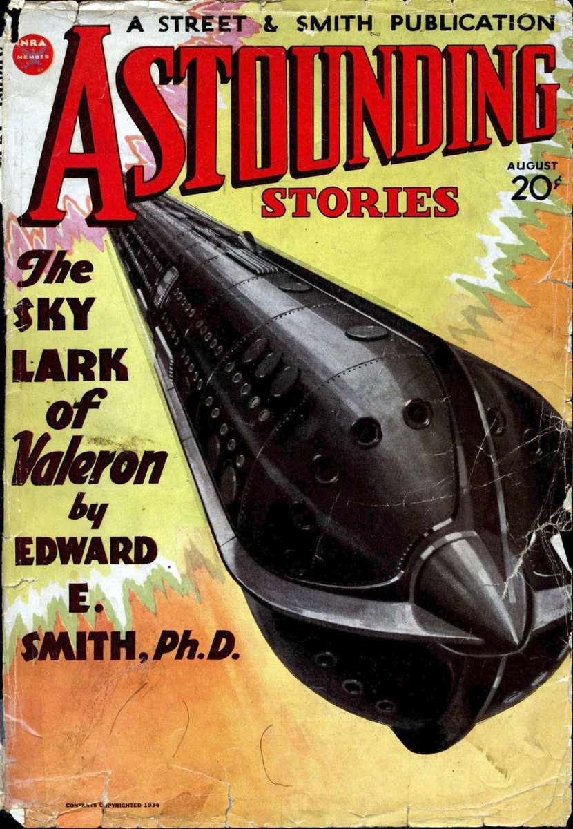 SFEncyclopedia's tweet photo. EE Smith died on this day, so here are some of his 1920s/1930s magazine cover appearances (artist:  Frank R. Paul, Howard V. Brown, Leo Morey and Hubert Rogers). The 1st cover, from 1928, illustrates Smith's 'The Skylark of Space'. https://t.co/oRtXtGuLD9