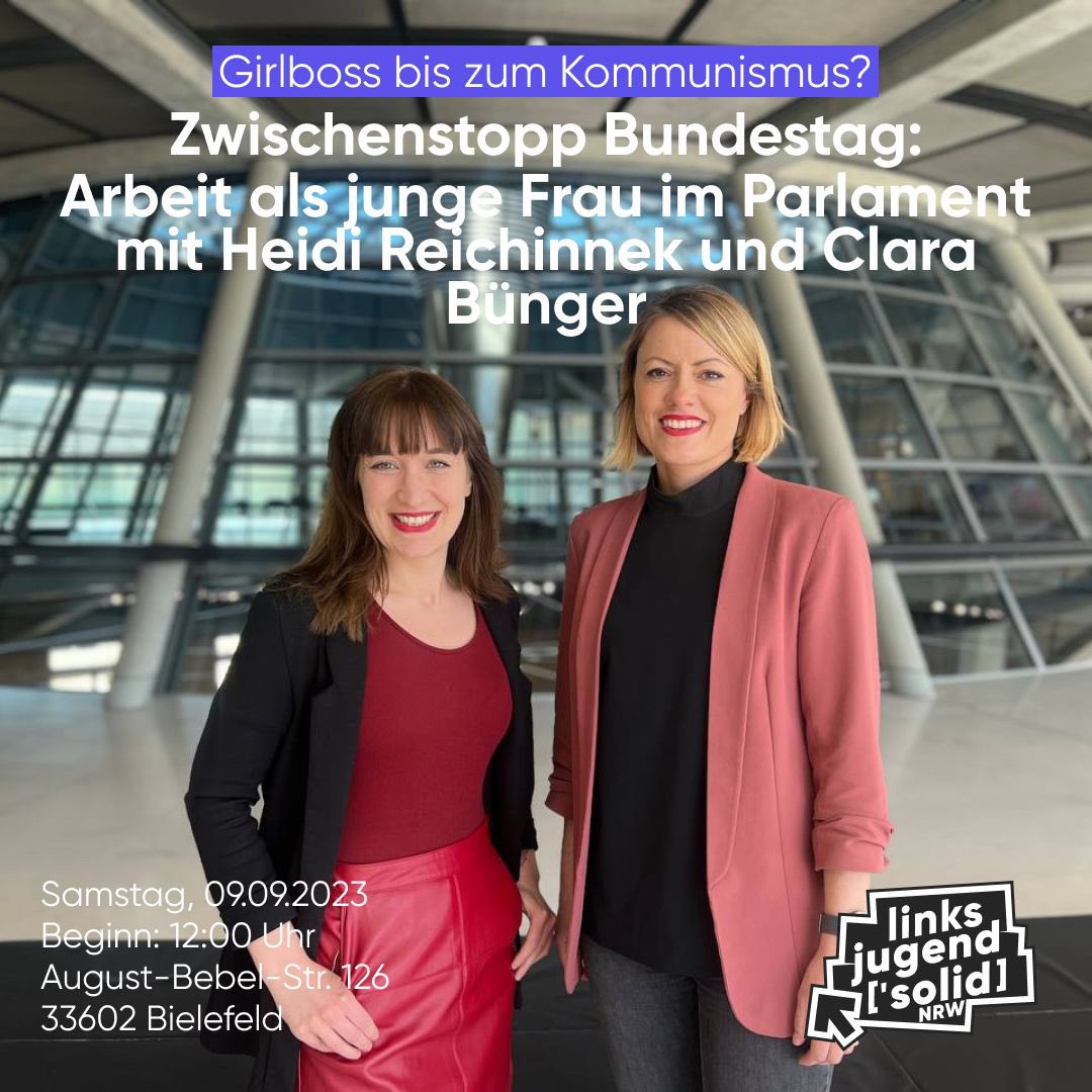 Wir freuen uns riesig auf die Diskussion mit <a href="/HeidiReichinnek/">Heidi Reichinnek</a> und <a href="/C_AB_/">Clara Anne Bünger</a> in Bielefeld!

Die Veranstaltung ist für alle Frauen, Lesben, trans, inter und nichtbinäre Menschen offen