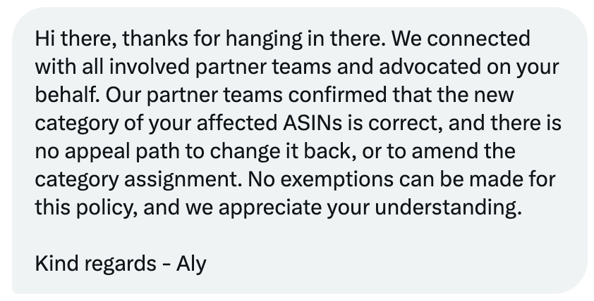 rysimm's tweet photo. @amznsellerhelp @AmazonHelp @amazon Giving me the same answer.  They changes my category simply to give them an extra 3% plain and simple. Amazon is squeezing its sellers out of business.  Soon customers, and sellers, will be prices off of the platform.
@amznsellerhelp
@AmazonHelp
@amazon https://t.co/pJkN8oOcA2