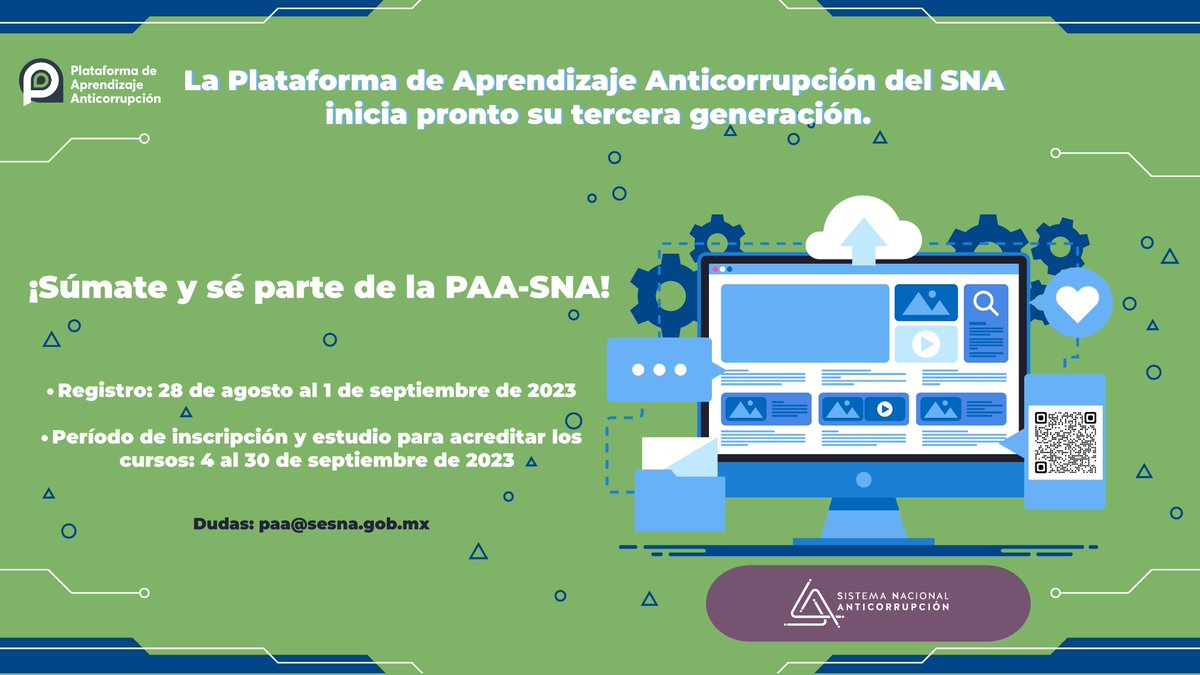 #RegistrateGratis

💻Mañana es el último día para ser parte de la 3a.   generación de la Plataforma de Aprendizaje Anticorrupción del #SNA

➡️ paa.sesna.gob.mx
📩 paa@sesna.gob.mx

#PAA #AprendizajeAnticorrupción #formación #elearning #cursos