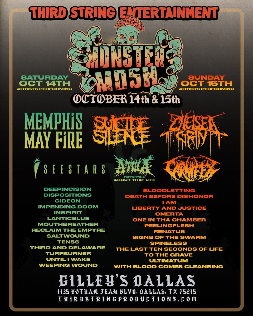 The full lineup for <a href="/MonsterMoshFest/">Monster Mosh</a> 2023 has been announced! We’ll be playing Oct 14th with <a href="/MemphisMayFire/">Memphis May Fire</a> , <a href="/iseestarsmusic/">I SEE STARS</a> , <a href="/ATTILAga/">ATTILA</a> and many more! 

Get your tickets ASAP via the link in our bio and we’ll see you there! 🤘🔥

<a href="/ThirdStringEnt/">Third String Entertainment</a>