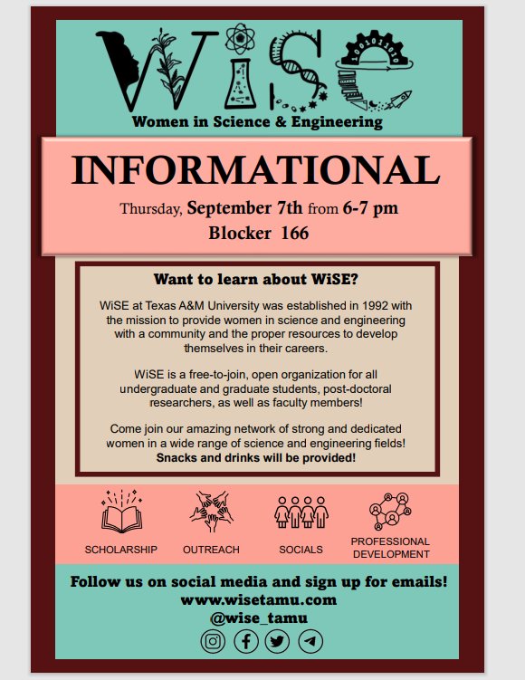 wise_tamu's tweet photo. Want to learn more about WiSE? 

Come join us for our fall informational September 7th from 6:00 pm to 7:00 pm in Blocker 166. Snacks and drinks will be provided!

Excited to see you there! https://t.co/wjbIy2zzni