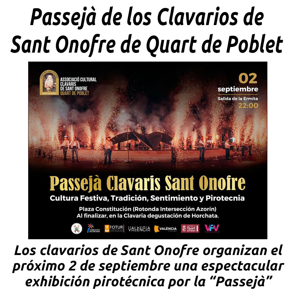 hosteleriaenvlc's tweet photo. PASSEJÀ DE LOS CLAVARIOS DE SANT ONOFRE DE QUART DE POBLET
https://t.co/x1Zemmd1oo
@FoturValencia #LosClavariosDeSantOnofre #PassejàDeSantOnofre #ClavarisSantOnofre #Fotur #HosteleriaEnValencia #ClavariosDeSanOnofre #QuartDePoblet #Passeja #FiestaLaPasseja #Passejà #SanOnofre https://t.co/JyW3jf5iiG