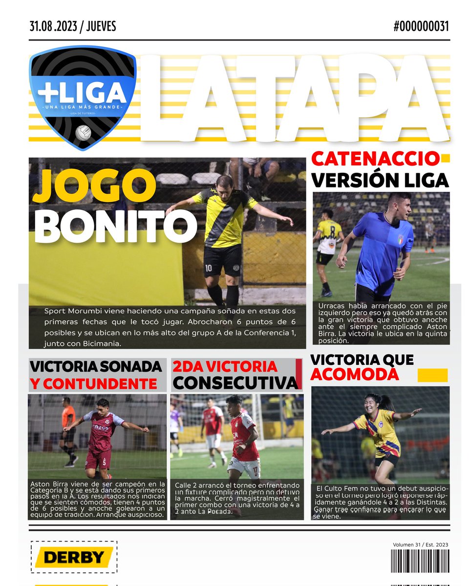 Con ustedes, #LaTapa en su edición #31 🗞️🤩

Morumbi, Urracas, Aston, Calle 2 y El Culto FEM son los dueños de esta tapa en su versión #MiercolesDeLiga 🌃✨

¡Pase, lea y lleve! 👆⚽🏆