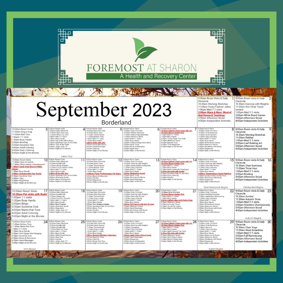 foremost_sharon's tweet image. Foremost at Sharon is all set to make this month truly special for our Kendall &amp;amp; Massapoag and Borderland residents. From engaging workshops to entertaining events, get ready to enjoy every moment! 

Check it out now!🗓️

#SeptemberFun #ActivityCalendar #EngagingEvents