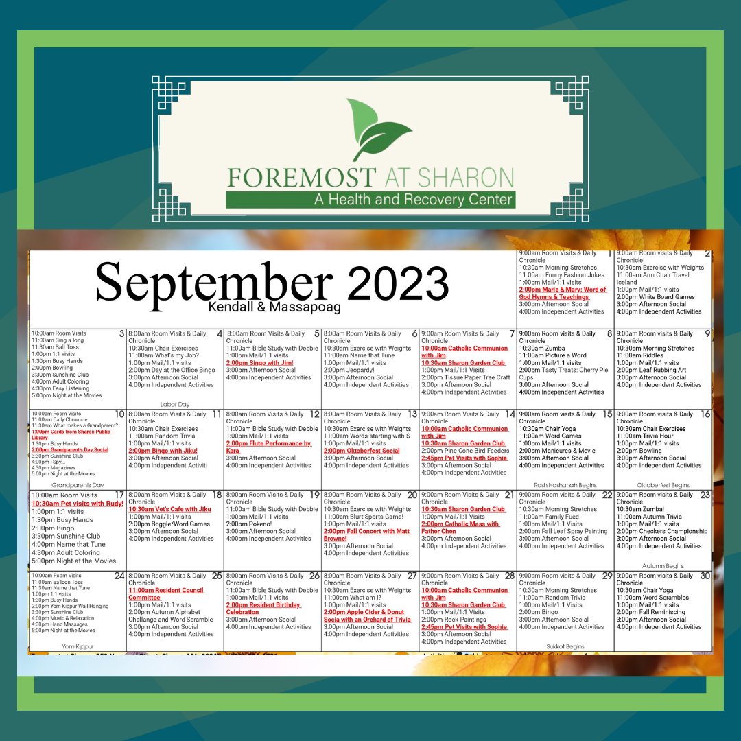 foremost_sharon's tweet image. Foremost at Sharon is all set to make this month truly special for our Kendall &amp;amp; Massapoag and Borderland residents. From engaging workshops to entertaining events, get ready to enjoy every moment! 

Check it out now!🗓️

#SeptemberFun #ActivityCalendar #EngagingEvents