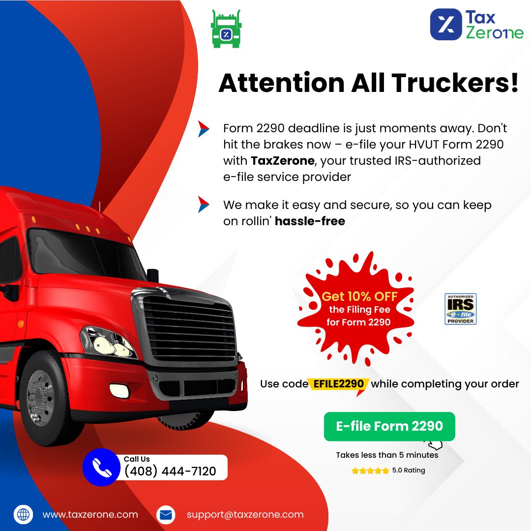 TaxZeroneUS's tweet photo. Hurry, the Form 2290 deadline is approaching! Don't slow down, e-file with TaxZerone, your trusted IRS-authorized provider for an easy, secure experience. Visit https://t.co/22XWrHyp0O or reach us at support@taxzerone.com

#taxzerone #2290tax #Form2290 #2290form #form2290deadline https://t.co/HAkkPK65wW