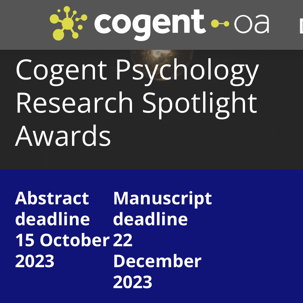 Have you a paper you’re planning to submit soon? Fancy a chance of making it open access? If yes, then why not submit it for one of our Cogent Psychology *Research Spotlight Awards*. Deadline for abstracts 15th October. Pls RT think.taylorandfrancis.com/special_issues…