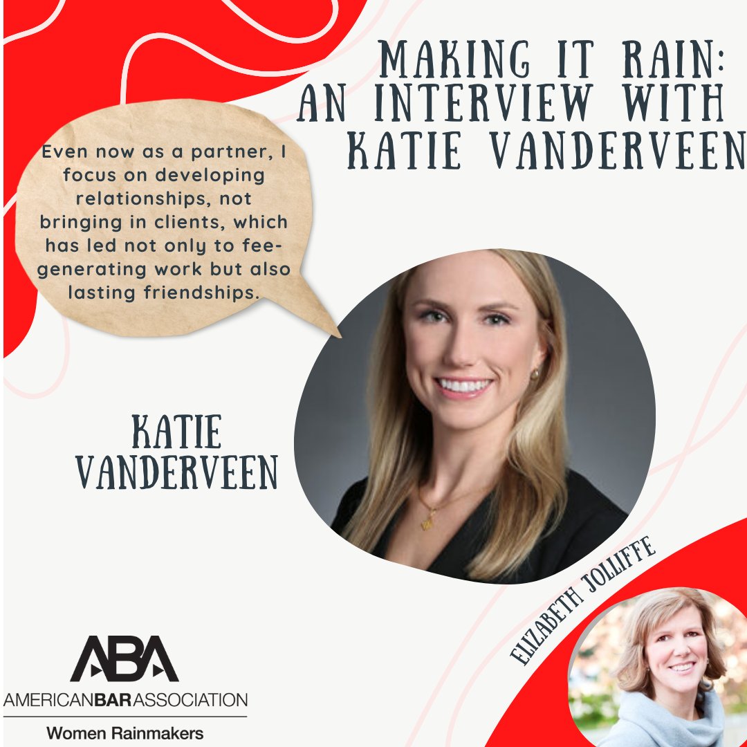 In this edition of Make it Rain, Katie VanderVeen, a partner at Dickinson Wright PLLC’s Banking and Finance Group, shares advice for lawyers aspiring to become successful rainmakers. Thanks for a great interview, Elizabeth Jolliffe! ow.ly/8MYw50PFKpc
#ABA #WomenRainmakers