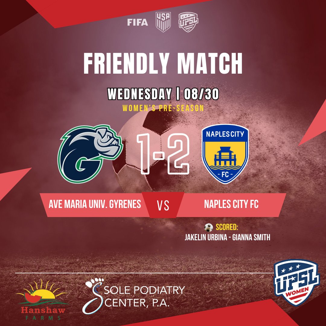 naplescityfc's tweet photo. PRE-SEASON FRIENDLY MATCH

📣Wednesday 08/30 - Final Score
@Gyrenes 1 - 2 @naplescityfc

🔵⚪🟡 #naplescityfc #naplesflorida ⚽ #soccer #upslflorida #upslsoccer #upslwomen #ussoccer #wearethecity https://t.co/CoxTYqNQM6