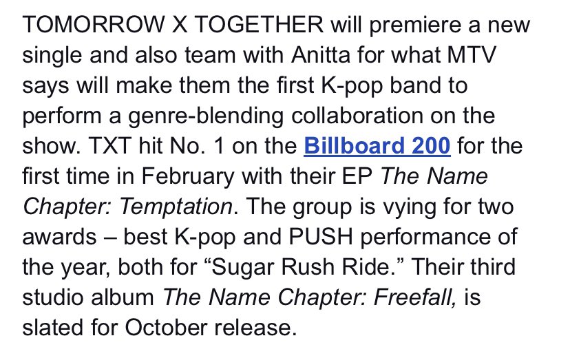 translatingTXT's tweet image. “tomorrow x together will premiere a new single and also team with anitta for what mtv says will make them the first k-pop band to perform a genre-blending collaboration on the show” — billboard about txt’s performance at the 2023 vmas 

@TXT_members @TXT_bighit