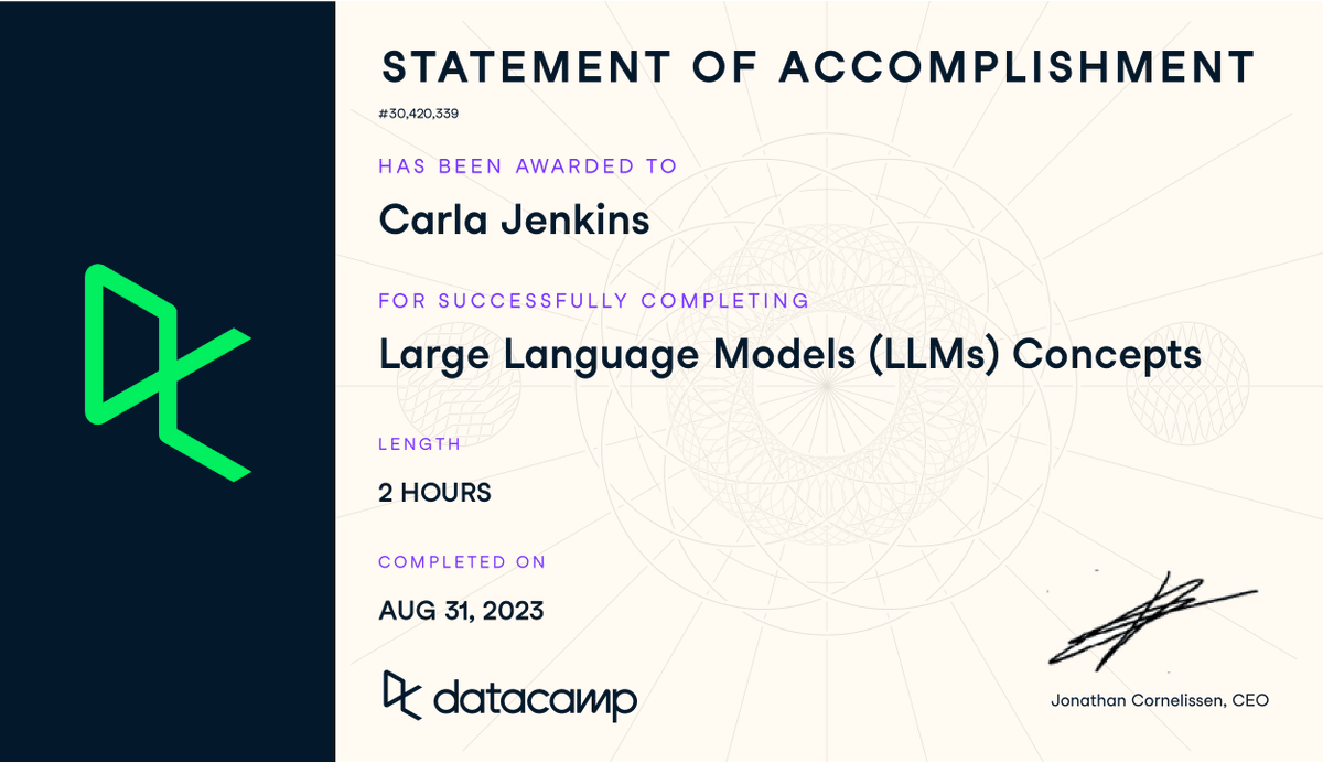 carlarjenkins's tweet photo. #ThursdayMotivation I just completed Large Language Models (#LLMs) Concepts by DataCamp https://t.co/9YKjtEPqrv via @DataCamp #100daysofmlcode #100daysofcode #ArtificialIntelligence #MachineLeanring #GenerativeAI #LLM https://t.co/aDIYjpwmXy