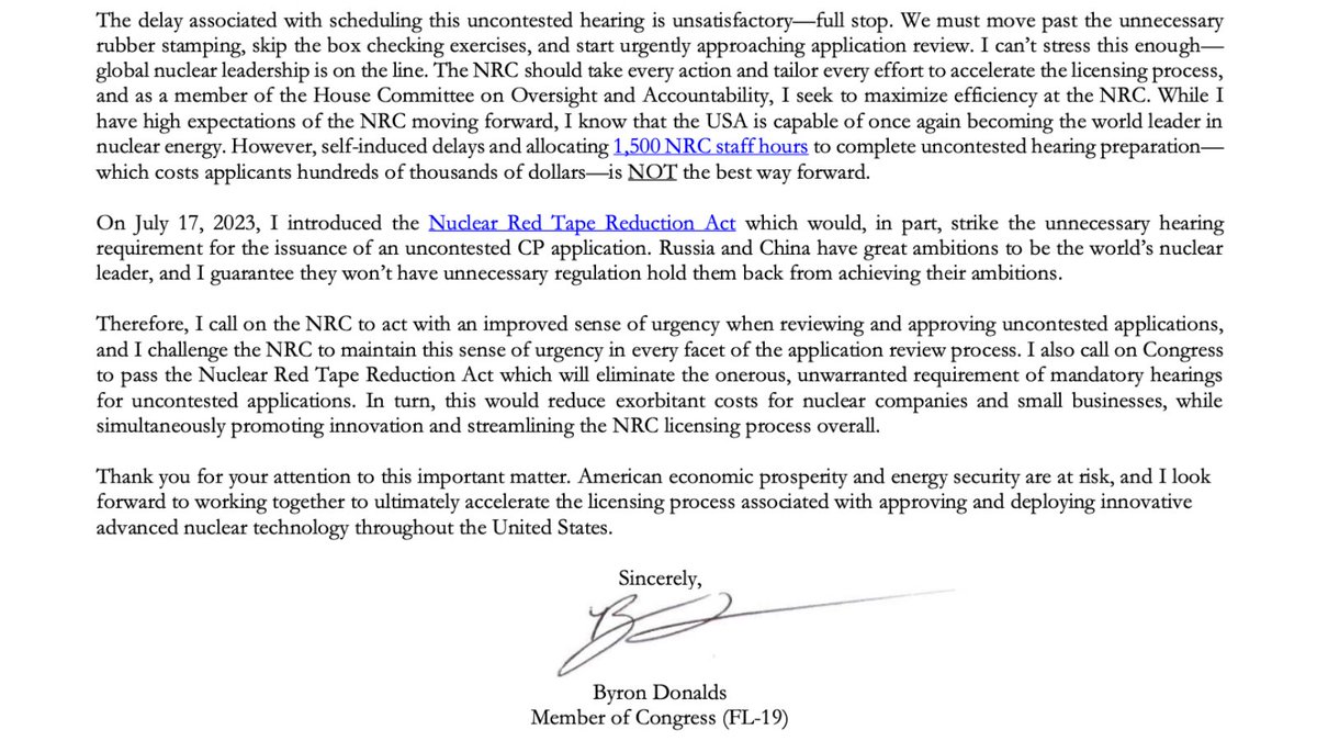 NRC should be moving AS FAST AS POSSIBLE—in all stages of the licensing process—to spring the adv. nuclear industry into action. I call on @NRCgov to act with improved urgency when reviewing/approving uncontested apps. American economic prosperity & energy security are at risk.