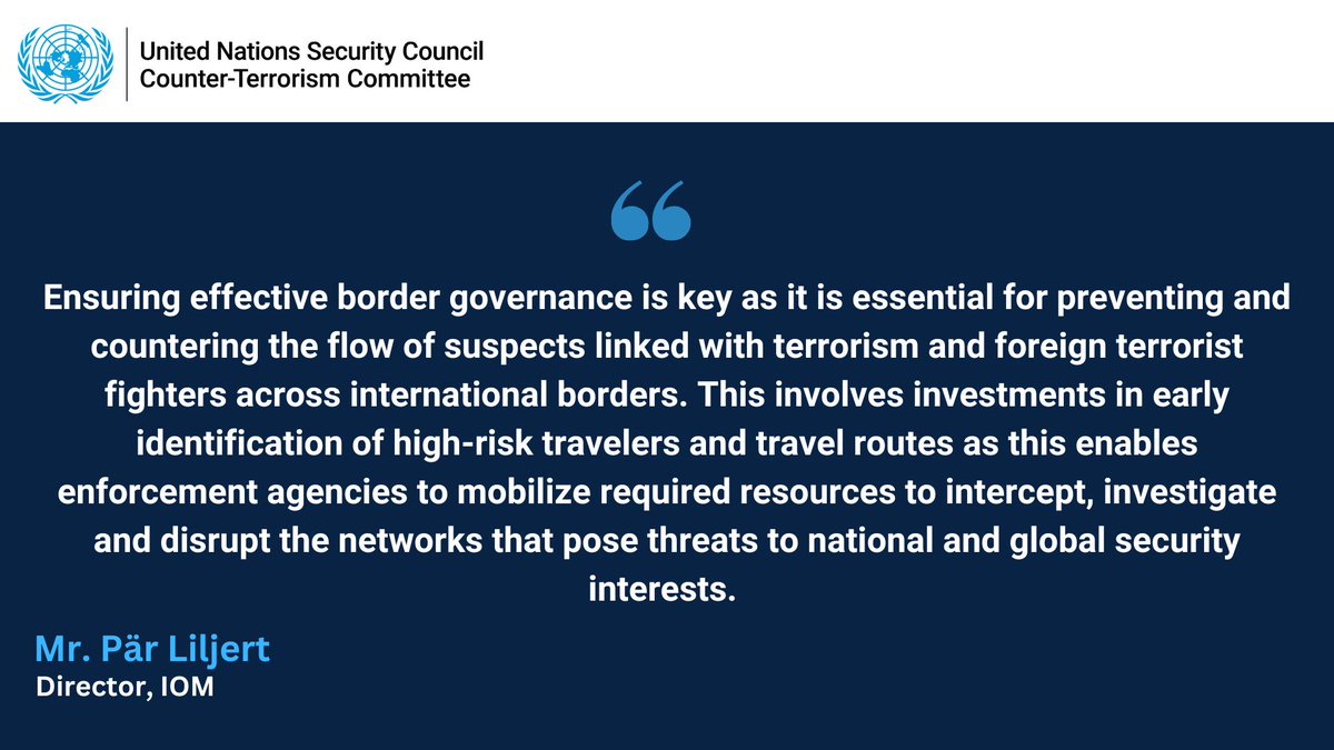 UN_CTED's tweet photo. In @UN #CTC open briefing on #CTBorderSecurity, Director of @UNmigration Mr. Pär Liljert noted key points relevant to effective #BorderControl – a priority of @UNmigration's collaboration with Member States in ensuring effective border governance https://t.co/GUykkXX0MB