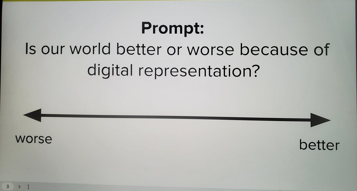 MathPrincessC's tweet image. I love this activity where the students line up based on where they stand in this spectrum and share their opinions based on the article they read. I had no student who felt that the world is better because of digital representation. 
@puhsd @codeorg