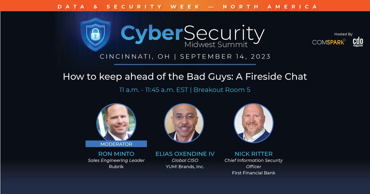 comSpark_tech's tweet photo. #CDOMagazine & #ComSpark are excited to announce a few of our industry experts who are among the 100+ speakers at the #CybersecurityMidwestSummit happening next month, September 14th!๐๐
๐LEARN MORE! https://t.co/XEro3VmARH https://t.co/5d60eObQYv