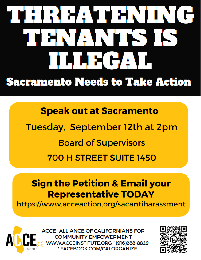 SAC ALERT 🚨 JOIN US this Sept 12 @ 1:00pm to demand Sacramento Board of Supervisors VOTE YES on the passage of a Tenant Anti-Harassment Ordinance for the Sac County! We need your support to make sure it passes! 💪🏽 Can't Attend? Take Action Here 👉🏽 acceaction.org/sacantiharassm…