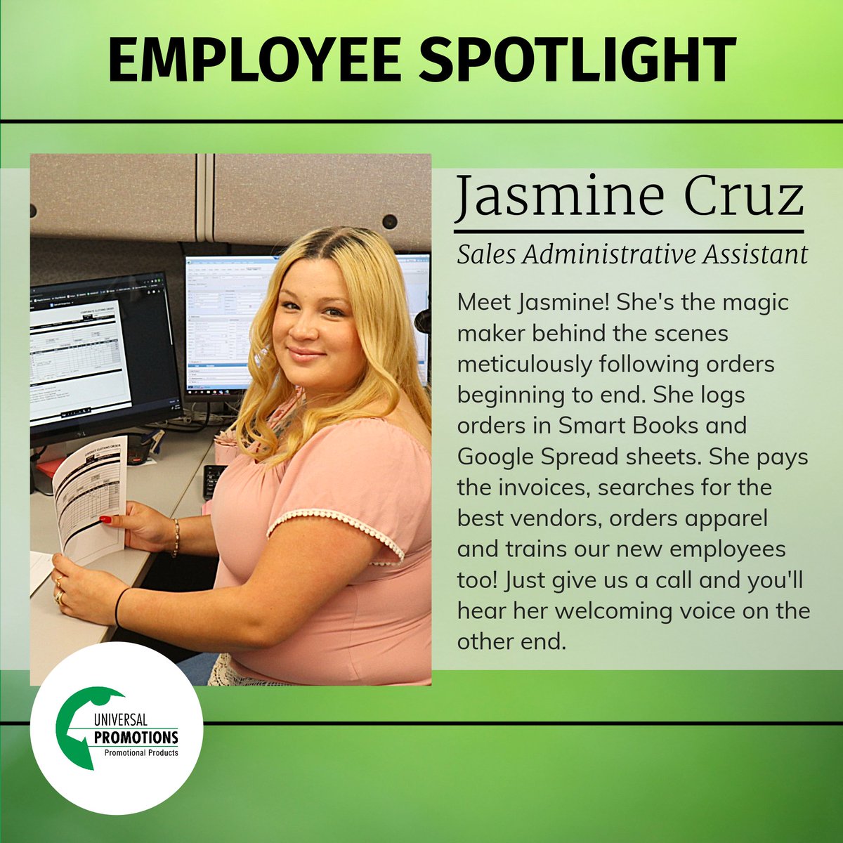 UniPromotions's tweet photo. Shout out to Jasmine! Her attention to detail keeps the process moving smoothly.  Thank you for keeping us on track. https://t.co/tLiQGm329L