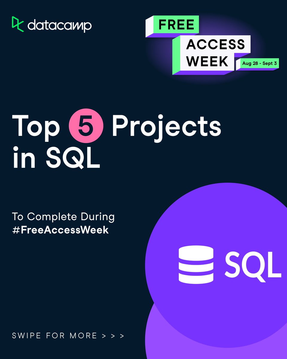 DataCamp's tweet image. 🧵Enhance your SQL skills with real-world projects for free! 

Maximize #FreeAccessWeek by diving into our library of Premium Projects, designed to help you transition from learning to doing, faster.

Using data science notebooks, complete a data analysis from start to finish.👇