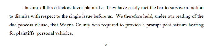 6th Circuit says not everything in a single document counts as an "order" certified for interlocutory review. 

Also an interest read re: due process requirements for prompt post-seizure hearings.
opn.ca6.uscourts.gov/opinions.pdf/2…
#AppellateTwitter #CA6