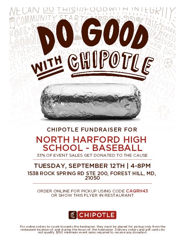 NHHawksBB's tweet photo. Help support the NHHS Hawks Baseball program on Sept 12 from 4-8pm at Chipotle in Forest Hill!  Use code CAQRH43 if you order online or show this flyer at the restaurant. https://t.co/isRaeePtHq