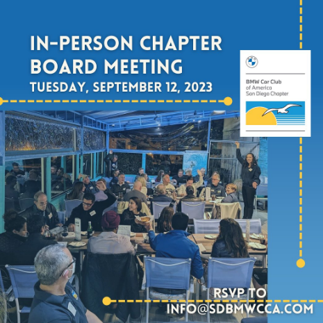 All SD BMWCCA members welcome!

Join us on Tuesday, September 12th for our first in-person board meeting in three years.

The location will be the patio at Leucadia Pizza UTC / La Jolla. Food will be served at 6pm and the meeting will begin at 6:30pm.

RSVP at info@sdbmwcca.com