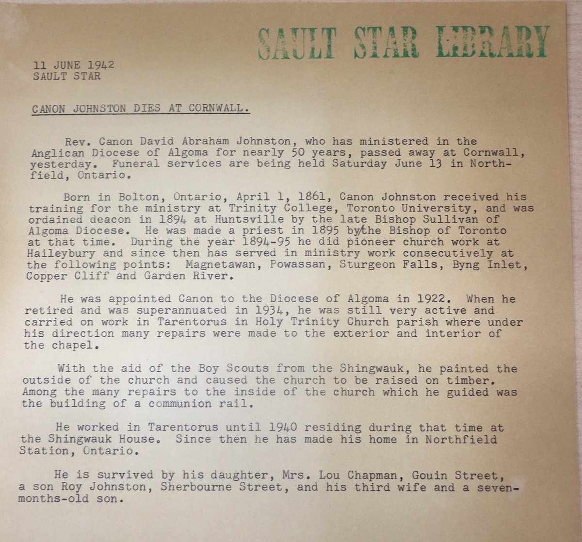 Saultreporter's tweet photo. Sault Star reporters sometimes find typewritten copies of stories published in the newspaper from years past. This obituary for Rev. Canon David Abraham Johnston is from June 11, 1942. Thanks to @SSM_Library for housing our much-loved archive. #saultnews #sault #thinkprint https://t.co/26k7mpIkQl