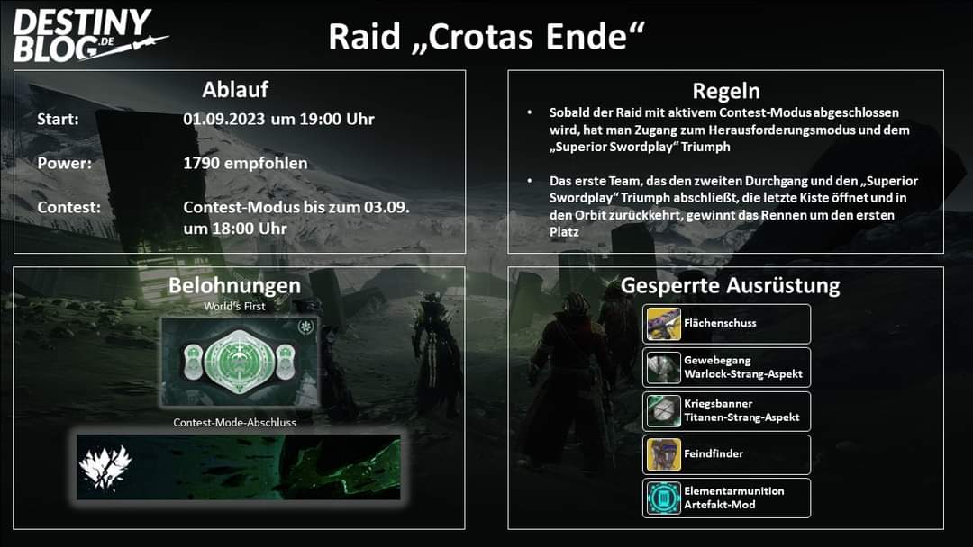 DestinyblogDe's tweet image. Morgen um 19:00 Uhr geht es los! Die offiziellen Regeln findet Ihr hier:
help.bungie.net/hc/en-us/artic…

Viel Erfolg und guten Loot!

#Destiny2 #destinyblogde #raidrace #crota #lightfall