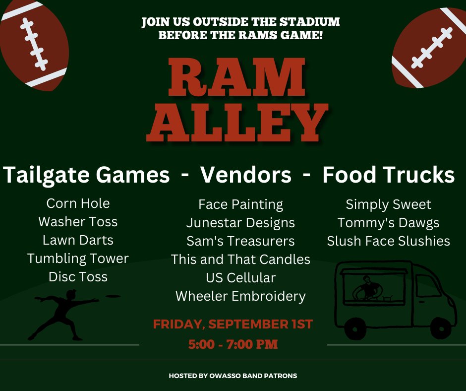 Ram Fans! 

Don't forget Ram Alley is back! Join us tomorrow before the home opener from 5:00 - 7:00 PM for games, vendors, and food trucks! 

See you there! 

#CHAMPIONS | #RamPride