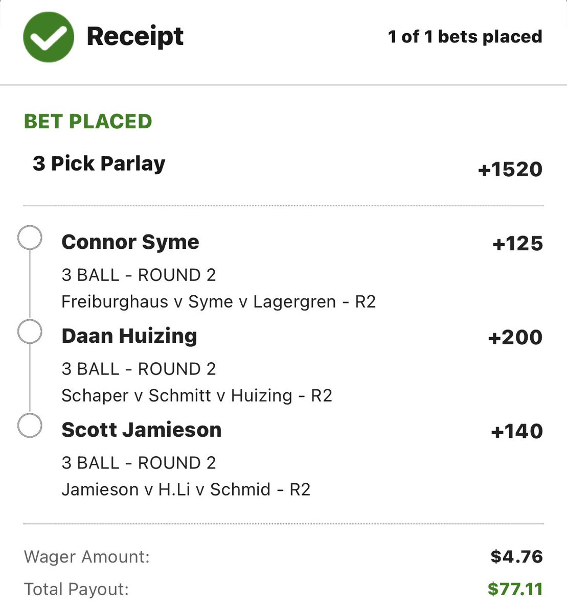 EVbetsKS's tweet photo. Round 2 Omega Euro Master 3-Ball Parlay Play on DK
Fair Value to DG: +1199
EV: 24.7% 🚀
QK: 0.41 U
#DataGolf #GamblingTwitter https://t.co/uHgMftbr7W