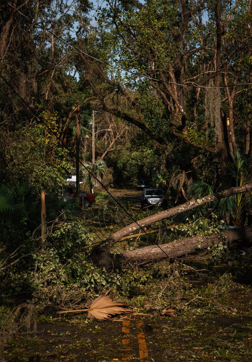 A residential street in Perry, Florida after experiencing damaging high winds from Hurricane Idalia.