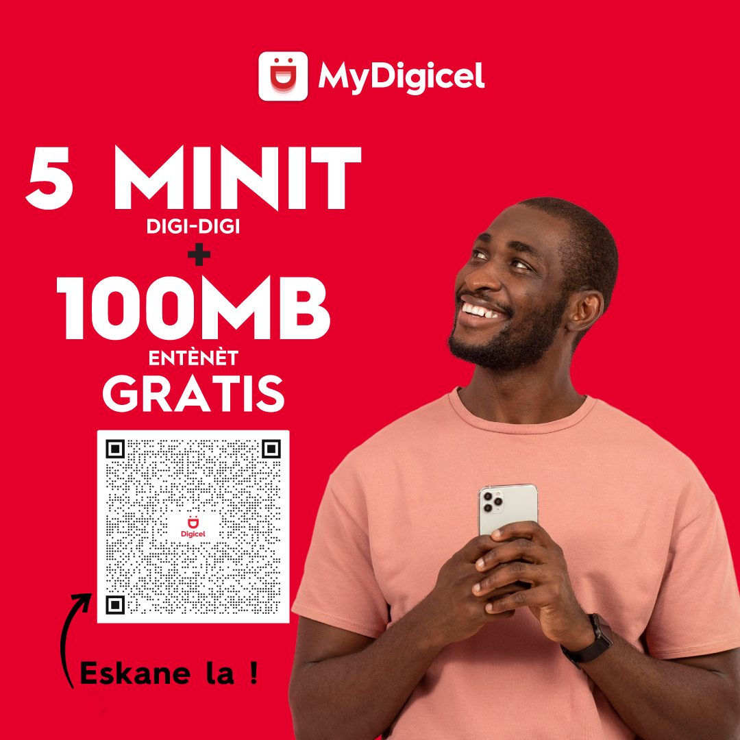 DigicelHT's tweet photo. Gen plis pase 600,000 Kliyan ki resevwa 5 MINIT DIGI DIGI ak 100MB GRATIS sou aplikasyon MyDigicel la. Ale kounya sou AppStore oswa Google Play Store pou w telechaje aplikasyon an pou w ka wè si w elijib. 🗣️🔥
#MyDigicel #Piyay #ToujouBayPlis https://t.co/iRAL9AWxDN