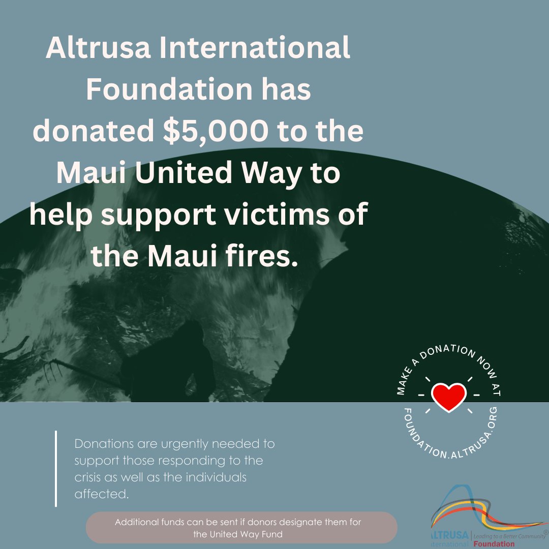 AltrusaFdnInc's tweet photo. Altrusa International Foundation is supporting the victims of the Maui fires with a $5,000 grant to the @Maui_UnitedWay 
Donate now by texting "Altrusa" to 41-444.
#MauiFires #Maui #DisasterRelief @Maui_UnitedWay https://t.co/NLZNSpsuM0