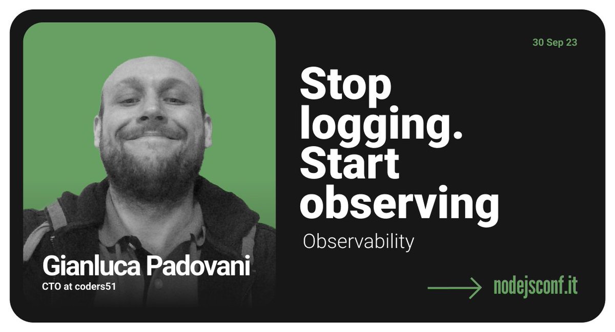 Meet our awesome speakers! <a href="/GPad619/">GPad619</a> with "Stop logging. Start observing" will teach us how <a href="/opentelemetry/">OpenTelemetry</a> can make our life easier. See you all in Desenzano on September 30th. 🚀 Have you already bought your ticket? 2023.nodejsconf.it #NodeJSConf #nodejs <a href="/nodejs/">Node.js</a>