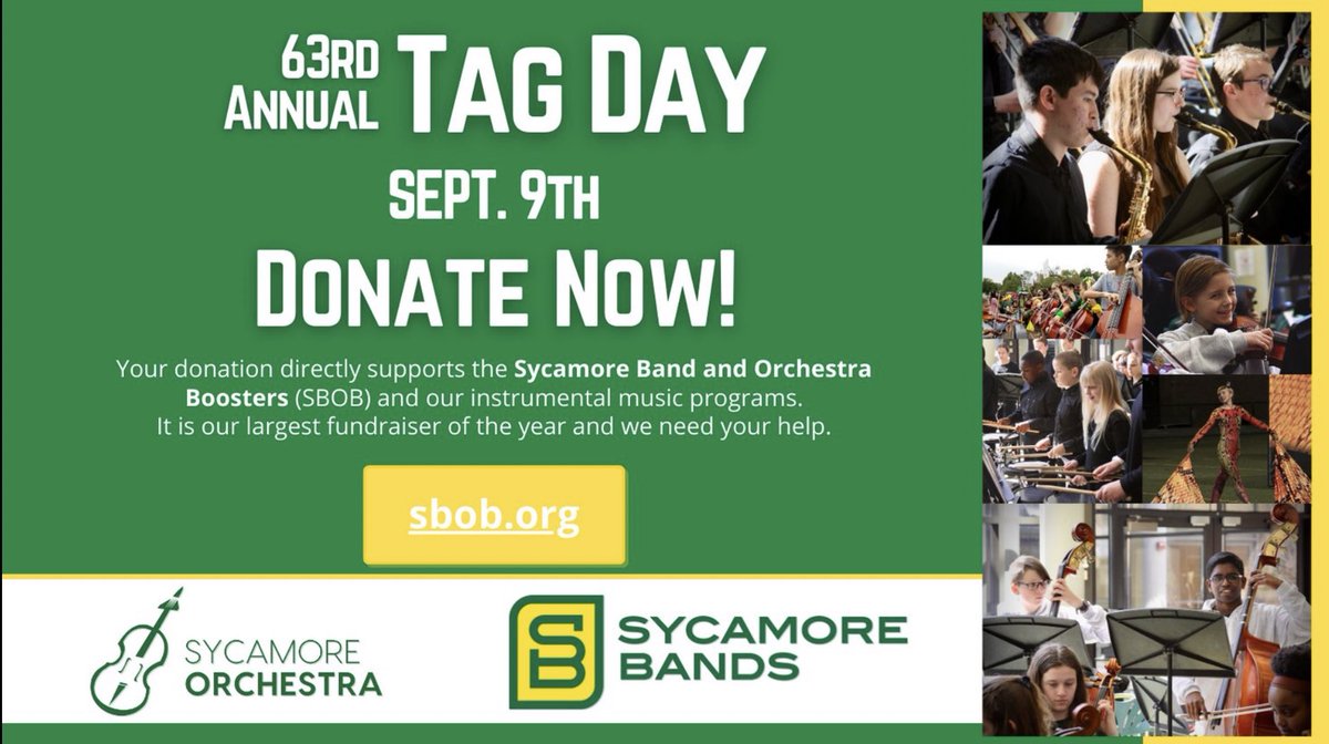 Saturday, September 9th is our annual TAG DAY to benefit our band and orchestra programs. 

Please donate here👇
sbob.org

Please check JH and HS Newsletters for parent volunteer sign-ups. We will need lots of parents to help make this day a great success!
