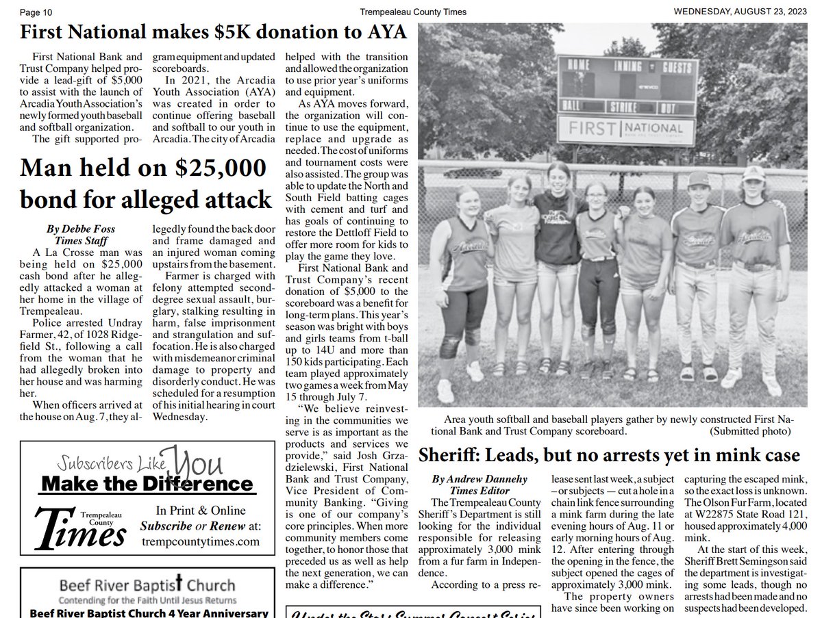 We were excited to have recently donated a $5,000 gift to the Arcadia Youth Association. Thank you for the shout-out Trempealeau County Times! To read more, visit their website trempcountytimes.com
First National Bank and Trust Company, Member FDIC.