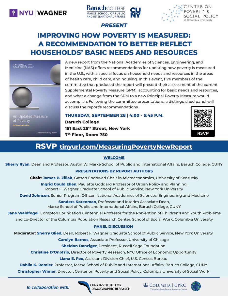 CIDR_NYC's tweet photo. 📢Join this exciting event on Sept. 28 @BaruchMarxe: Improving how #Poverty is #Measured:  A Recommendation to better reflect Households' Basic Needs and Resources with @CIDR_NYC's poverty measurement experts Sanders Korenman and @DahliaRemler! RSVP here: https://t.co/hvHPt8FLuj https://t.co/PW57ofrBFc