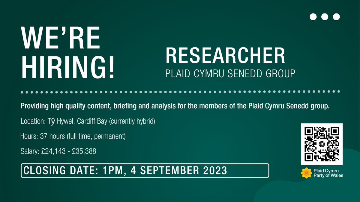 🏴󠁧󠁢󠁷󠁬󠁳󠁿We are looking for a researcher to join the Plaid Cymru Senedd team. 

⏳37 hours, full time and permanent.

📢Work with us at the heart of Welsh democracy and help Plaid Cymru make a difference to our nation.

👉Deadline: 1pm, 4 September.
plaid.cymru/swyddi_jobs