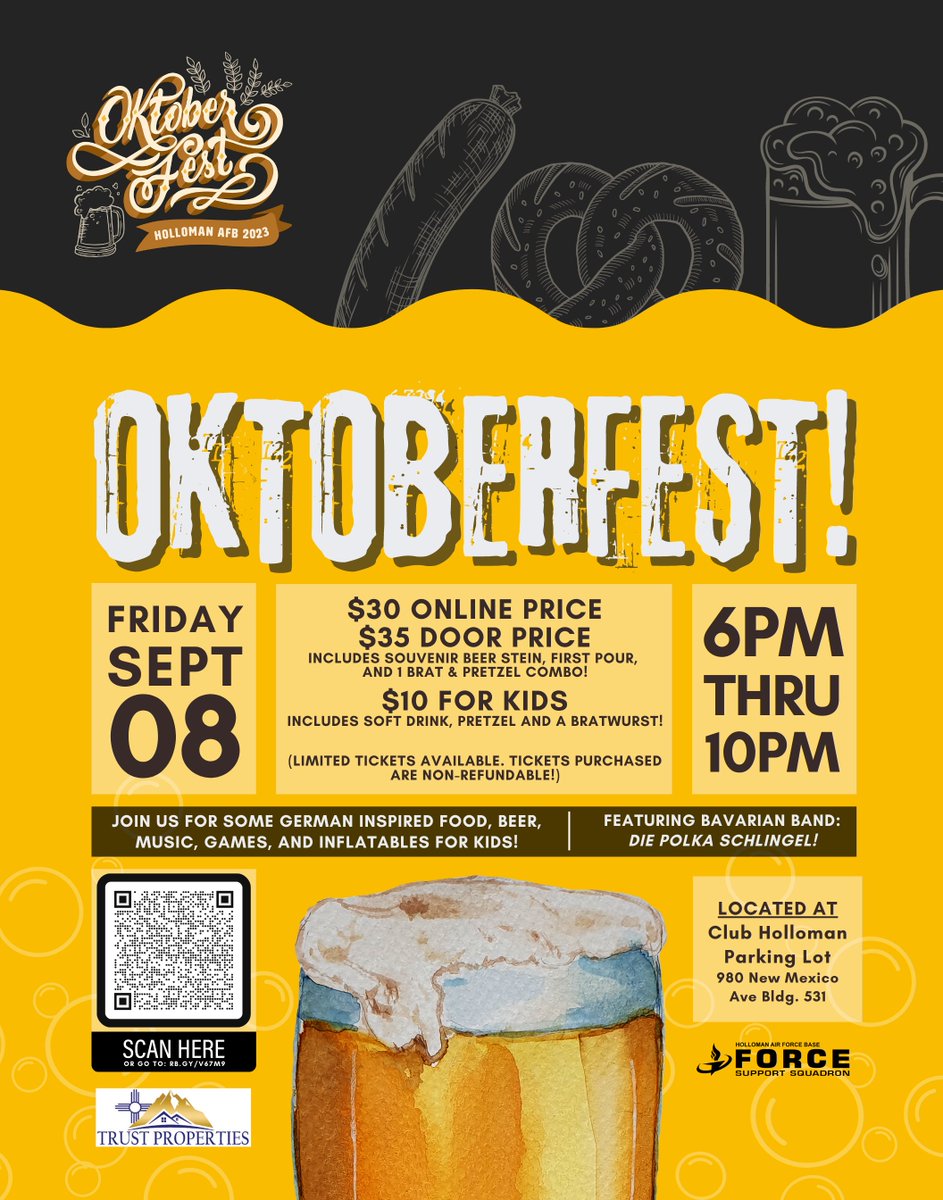 Oktoberfest is back at #HollomanAFB on Sept 8. It's open to the public but tickets are limited so buy yours soon! Join us for German inspired food, beer, music, games, and inflatables for kids. Buytickets and get more info at hollomanfss.com/oktoberfest