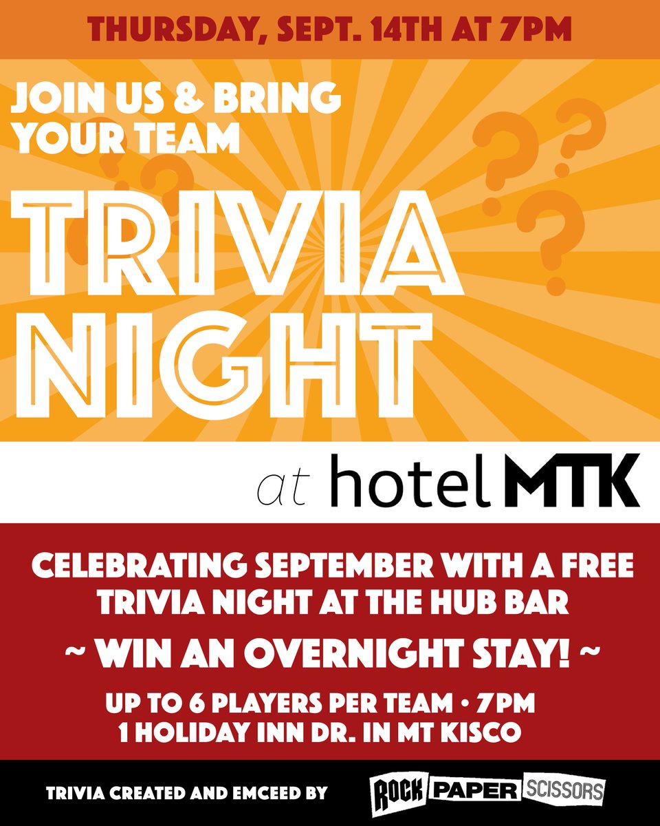 Calling all our trivia fans we are debuting at Hotel MTK where winners can WIN an overnight stay! Register for free via <a href="/eventbrite/">Eventbrite</a> #westchester #trivia