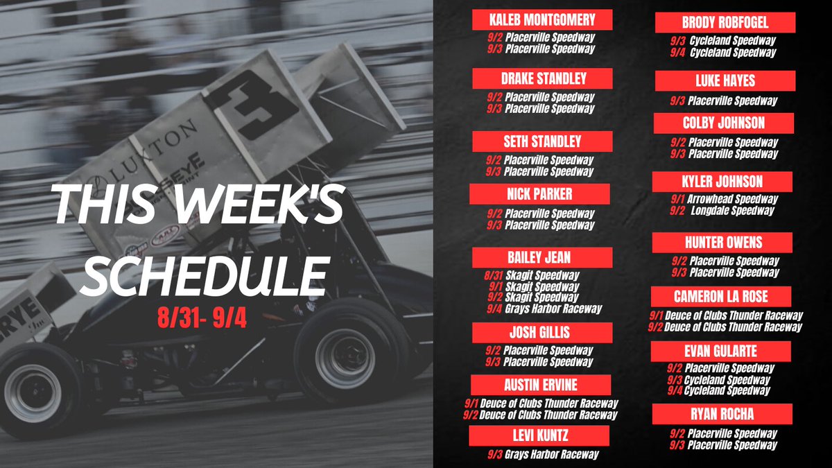 FastTimeMedia's tweet photo. Here is this weekend’s #FastTimeMedia schedule! It’s BUSY with 16 drivers in action!
🏎️ 1️⃣6️⃣ Drivers
🏁 1️⃣2️⃣ Races
🌆 7️⃣ Tracks
- 10 Drivers in action at NorCal-Posse Shootout!
- @baileyjean_14 battles @WorldofOutlaws in Washington!
- @AustinJErvine in action in Arizona! https://t.co/RS0NzbOtEt
