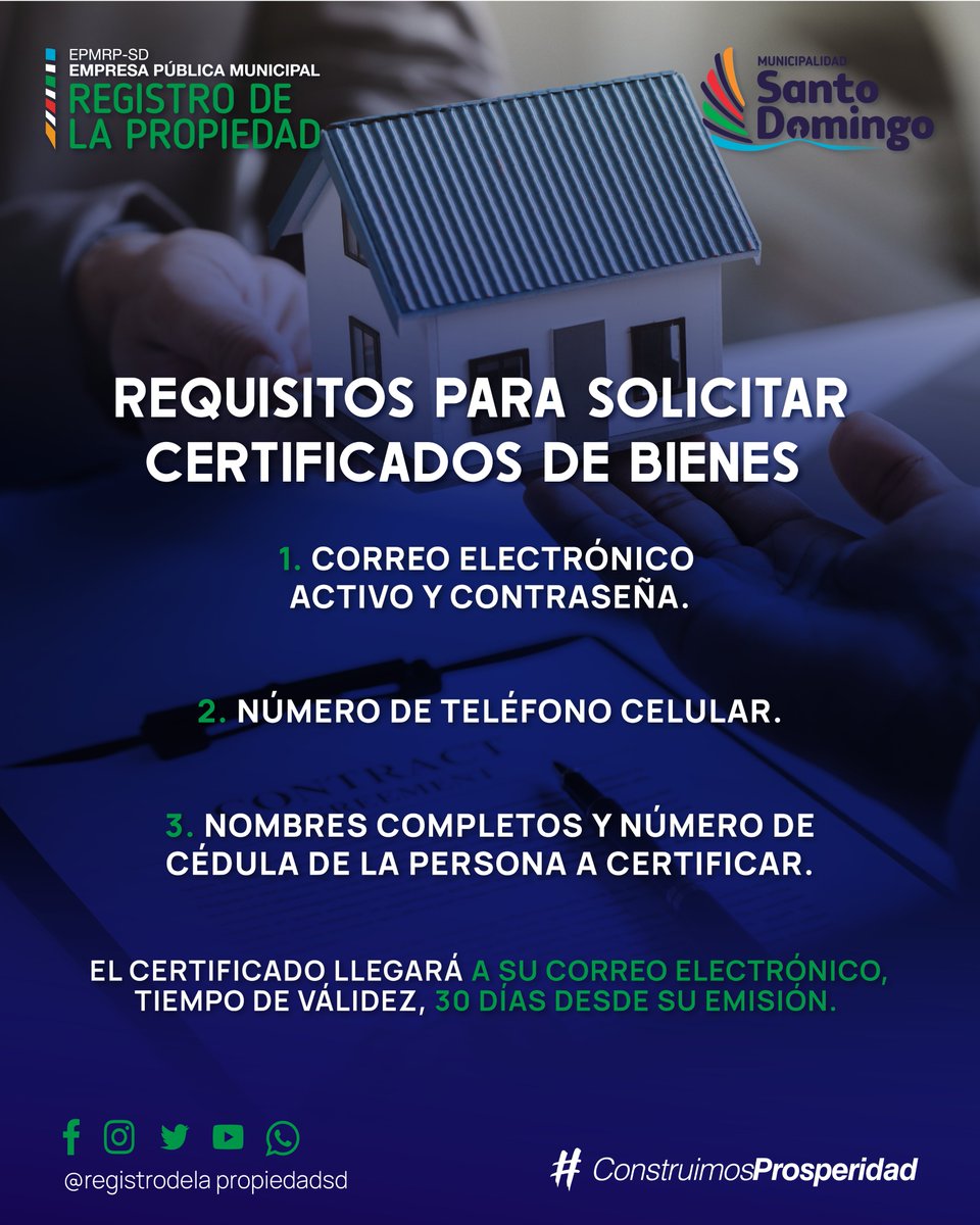 RPropiedadSD's tweet photo. Solicita tu certificado de bienes en:

- Ventanilla Online https://t.co/S4PimwarDn
-Oficina matriz, Urb. Colegial, calle Luis Valencia y Arturo Borja.
-Sucursal Mercado Municipal, segundo piso.
-Sucursal Parroquias Rurales.

#RegistroDeLaPropiedadSD
#WilsonErazoAlcalde https://t.co/kd5JAFTS8G