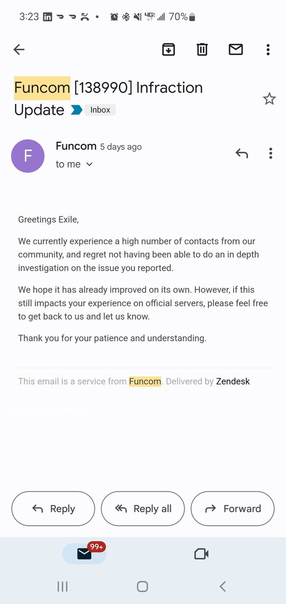 Nihillix's tweet photo. @MarioOrtiz31044 @ConanExiles Lawl they are a joke. Here is the response I got for providing them screen shots and locations of undermeshers. Too busy to even check it. This was over a month later. https://t.co/bhMH9qykc8