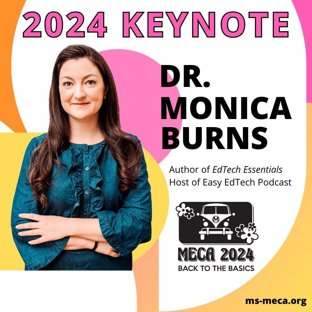 We are so excited to announce our Keynote Speaker this year: 🥁🥁🥁

Dr. Monica Burns! 

We can't wait to attend her sessions and keynote address at this year's conference! #backtobasics #groovymeca #meca2024 #EdTech #Education