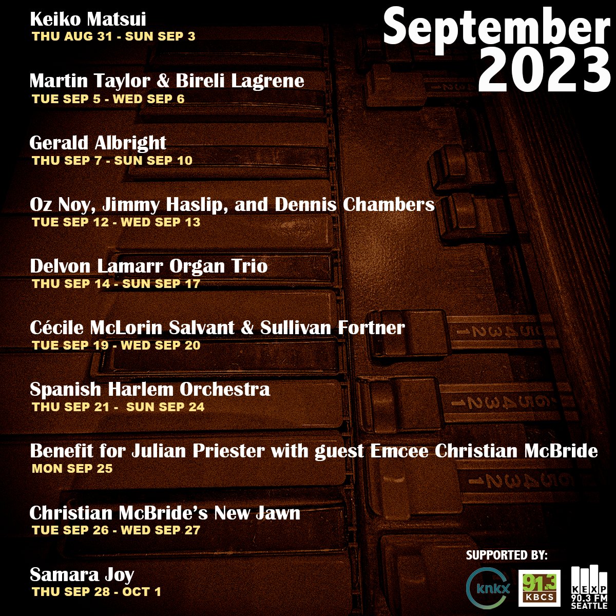 Jazz_Alley's tweet photo. Feast your eyes on this! @keikomatsui @MartinTaylorMBE @GeraldAlbright @oznoyguitar @DelvonLamarr @cecilesalvant11 @SpanishHarlemO #julianpriester @mcbridesworld @SamaraJoy99 @knkxfm @KBCS @kexp #livemusic #seattlelive #do206 https://t.co/CqQvx4YWV1