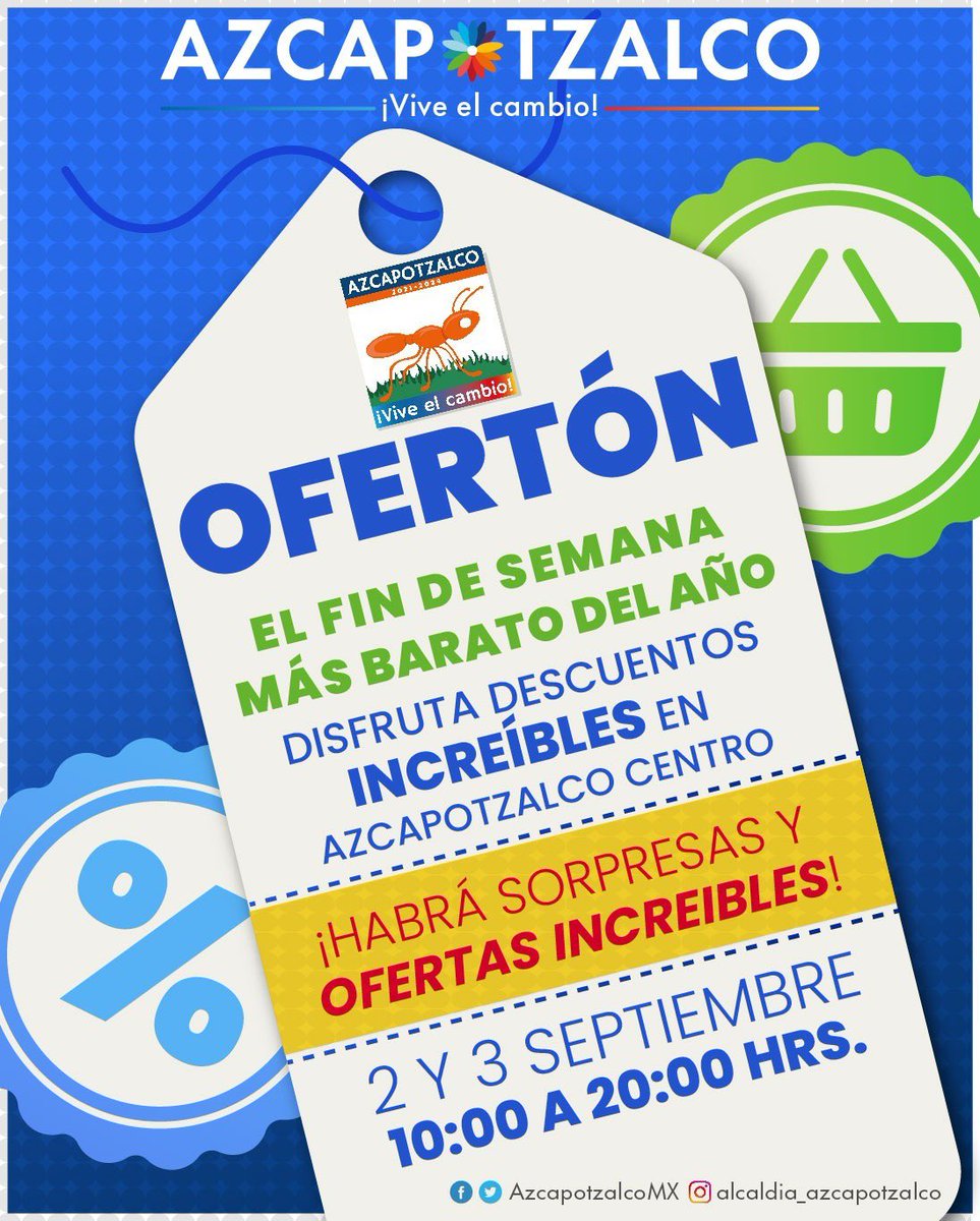 AzcapotzalcoMx's tweet photo. Este fin de semana aprovecha las grandes ofertas y descuentos, además de todas las grandes sorpresas que el Ofertón trae para ti ‼️

Consulta algunos de los negocios participantes en: https://t.co/e6qdz4fO5c

#Azcapotzalco #ViveElCambio #Descuentos #Ofertas #ReactivaciónEconómica https://t.co/qZxTyHpk3r