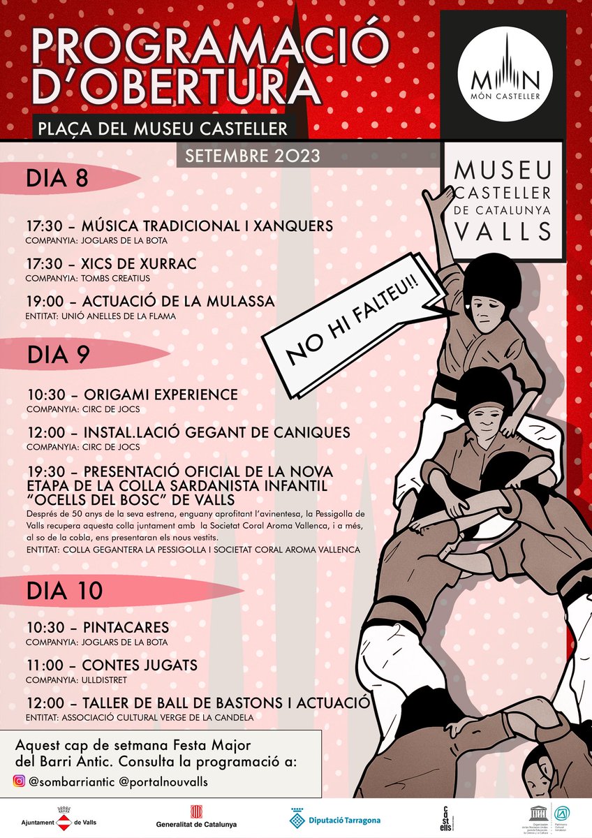 Els dies 8, 9 i 10 compartirem dies plens d'activitats amb l'obertura del Museu Casteller. Segueix el seu compte per saber tot el que tenen preparat, <a href="/Museu_Casteller/">Museu Casteller Catalunya · Valls</a>